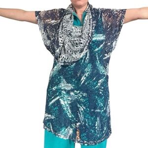 Samuel Dong Mini Dress Large Blue Open Knit Cowl Neck NWT Beach Coverup